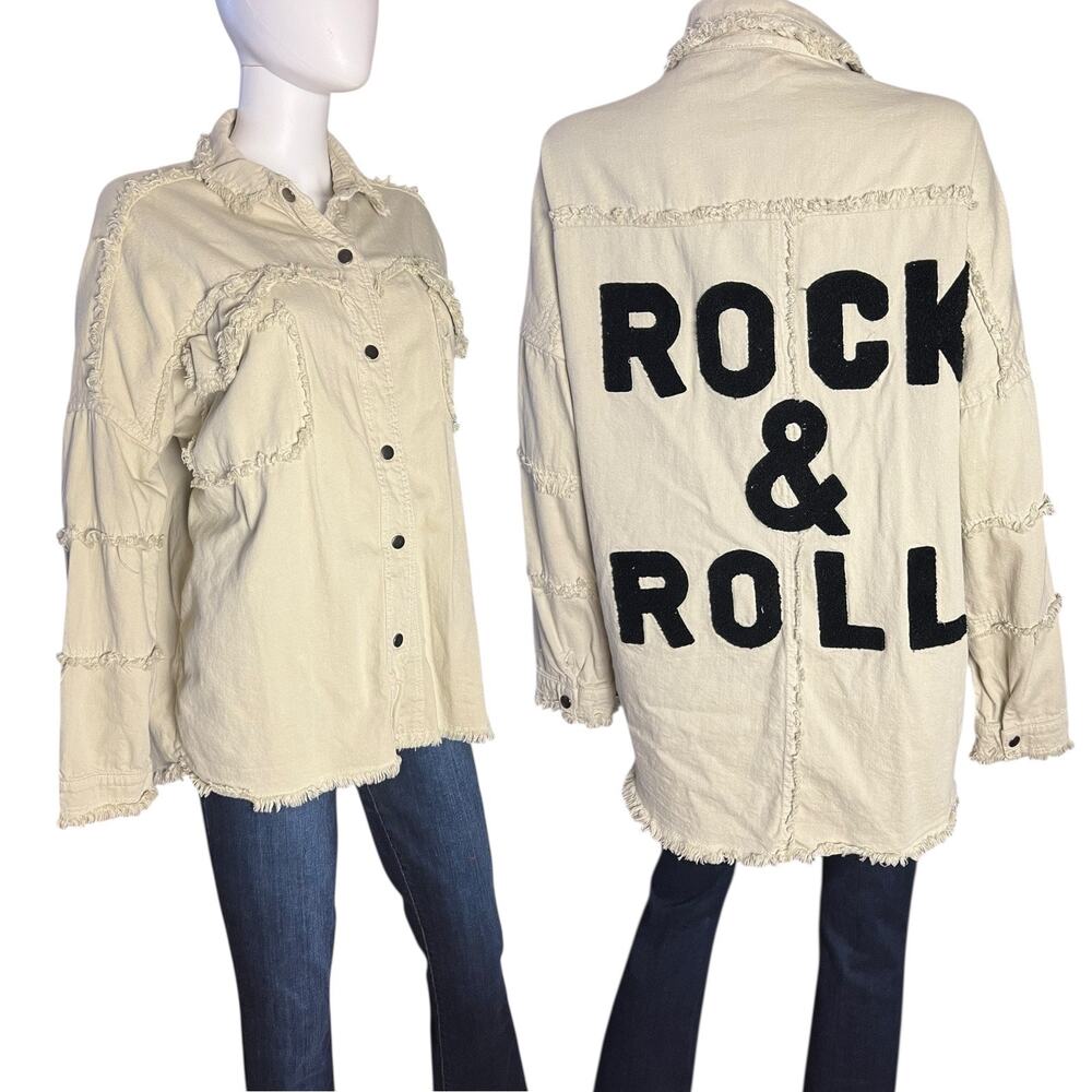 Elan Devan Rock & Roll Beige Black Distressed Cotton Jacket Small